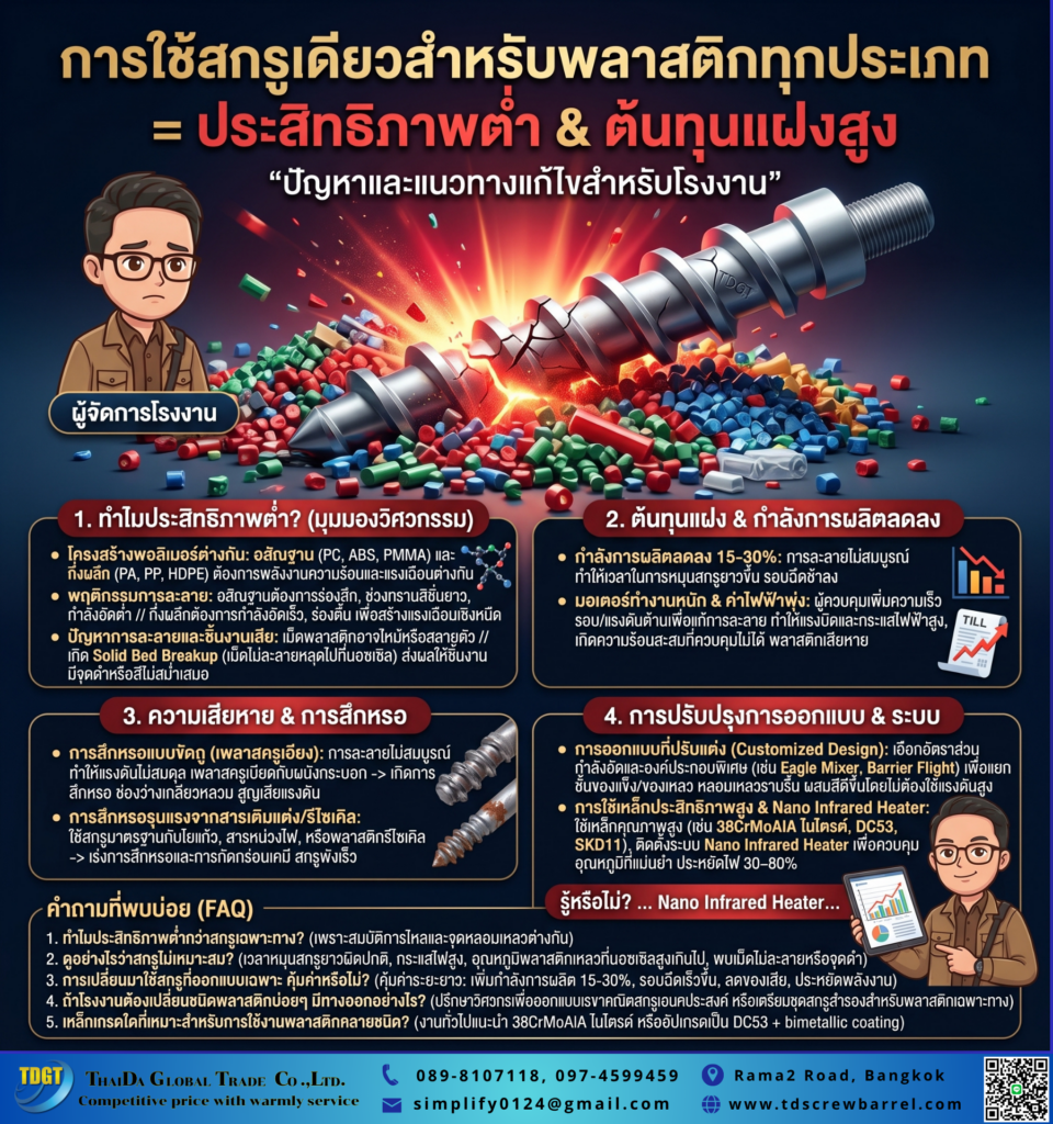 ใช้สกรูตัวเดียวรันพลาสติกทุกชนิด ทำให้ประสิทธิภาพต่ำ